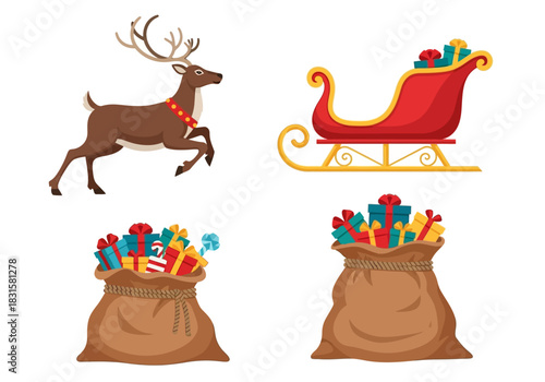 Christmas Reindeer Sleigh and Gift Bags Illustration.