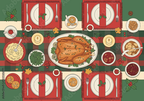 Festive Thanksgiving Table Setting with Roasted Turkey and Holiday Dishes.