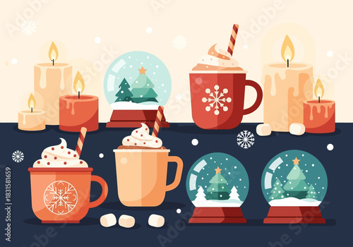 Festive Holiday Scene with Candles Snow Globes and Hot Chocolate Mugs.