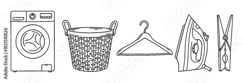 Set of black and white laundry icons including a washing machine, basket, hanger, iron, and clothespin in a simple line art style for household chore concepts