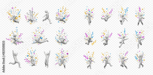 3D cartoon figures celebrating with colorful confetti and musical notes in various dynamic poses.
