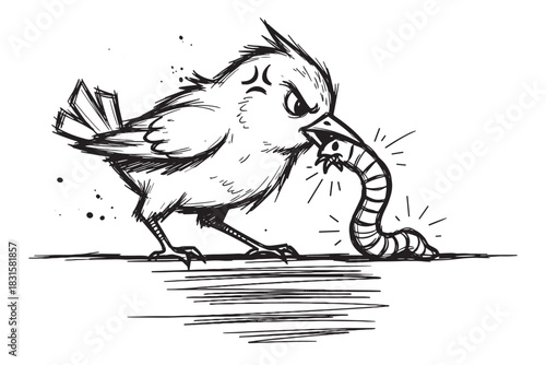 Funny cartoon bird with an angry expression struggles to pull a large, stubborn earthworm from the ground in a humorous black and white hand-drawn sketch illustration
