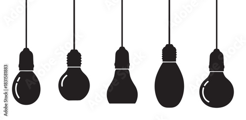 Five black hanging light bulb silhouettes in a row, a minimalist graphic illustration set with various shapes and sizes representing ideas, innovation, and electricity