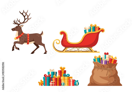 Festive Christmas Illustration with Reindeer Sleigh and Gifts.