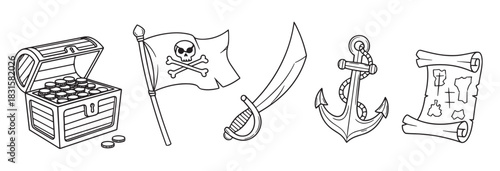 Set of pirate themed icons featuring a treasure chest, flag, sword, anchor, and map drawn in a simple black and white line art cartoon style for coloring