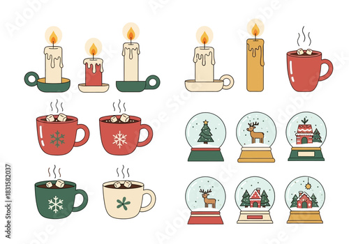 Festive Winter Holiday Elements: Candles Hot Chocolate Mugs and Snow Globes.