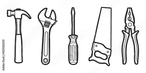Collection of five essential hand tools including a hammer, wrench, screwdriver, saw, and pliers in a simple black and white hand-drawn sketch illustration style