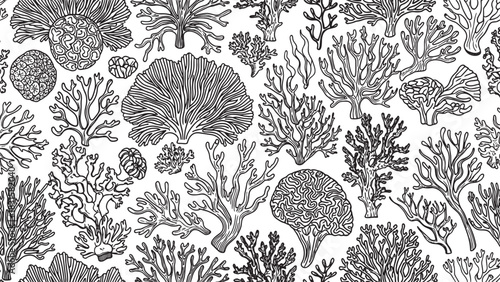 Black and white seamless pattern of various hand-drawn coral species in a detailed line art style, featuring brain, fan, and branching corals for a graphic underwater theme