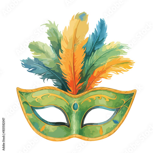 Venetian carnival mask illustration, isolated gold fantasy masquerade face with traditional feathers and decoration for a festive holiday celebration