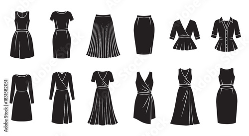 Collection of black women's clothing silhouettes featuring various elegant dresses, skirts, and blouses in a classic icon set for fashion and wardrobe concepts