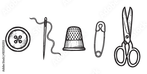 Hand-drawn set of sewing tools and notions including a button, needle, thimble, safety pin, and scissors in a black and white vintage sketch illustration