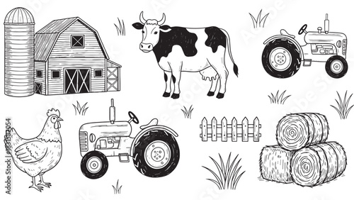 Collection of hand-drawn farm illustrations with a cow, chicken, barn, silo, tractors, and hay bales in a charming black and white sketch style for agricultural concepts