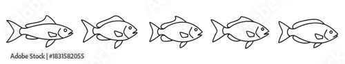 Five simple black outline fish icons swimming in a horizontal row in a minimalist hand-drawn doodle style, creating a seamless pattern of aquatic animal illustrations