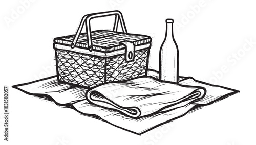 Black and white hand-drawn picnic basket with a bottle and folded blanket ready for an outdoor meal, illustrated in a charming, rustic, and vintage sketch style