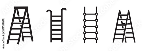 Collection of black ladder icons featuring various types including stepladder, rope, and straight designs in a minimalist graphic silhouette style for concepts of progress and climbing