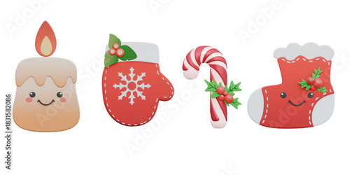 3d illustrations of set of christmas elements include cute candle,winter mittens,candy cane and stocking.3d render.