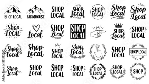 Black and White Shop Local Bundle: 24+ Hand-Drawn Typography SVG Collection for Small Business, Rustic Farmhouse Decals & Print-on-Demand
