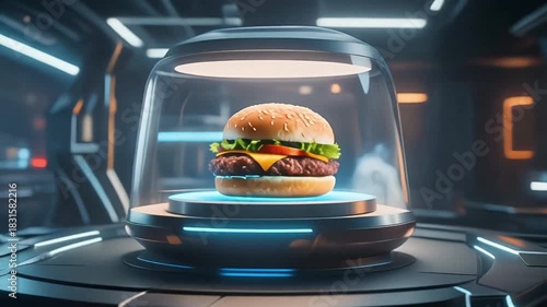 Futuristic burger presented in a high-tech laboratory setting, showcasing advanced food technology and innovation