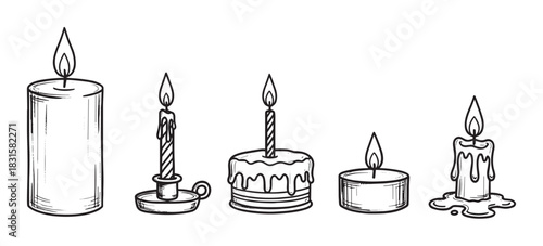 Set of hand-drawn burning candles of various types including pillar, taper, birthday cake, tealight, and melting wax in a black and white sketch style illustration