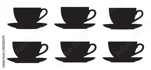 Six black teacup and saucer silhouettes arranged in a grid, a simple and clean graphic illustration set for coffee shop menus or drink-related designs