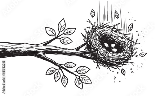 Hand-drawn bird's nest with three eggs falling from a tree branch in a sketchy black and white illustration style, symbolizing danger, fragility, and precariousness