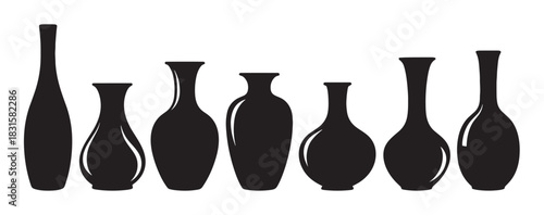 Collection of black silhouette vases and bottles in various elegant shapes and sizes arranged in a row, a minimalist graphic illustration with subtle white highlights