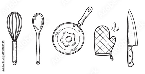 Hand-drawn black and white kitchen utensil set including a whisk, spoon, frying pan with egg, oven mitt, and knife in a simple doodle style illustration for cooking concepts