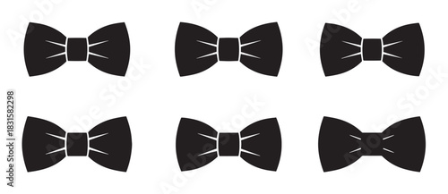 Set of six black bow tie icons with different shapes for formal wear and elegant design concepts, presented as a simple flat vector illustration collection