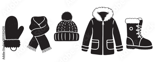 Hand-drawn winter clothing and accessories set including a parka, beanie, scarf, mitten, and boot, illustrated as black silhouettes in a charming, rustic linocut style