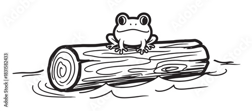 Cute black and white cartoon frog sitting on a floating log in the water, a simple hand-drawn illustration with a friendly and whimsical character looking forward