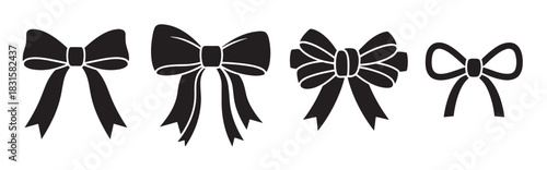 Set of four black ribbon bow silhouettes with various elegant shapes and tied knots, presented as a collection of graphic icons for festive gift wrapping and celebratory design