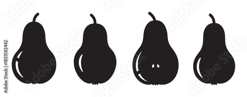 Four black pear fruit icons in a minimalist silhouette style arranged in a simple row, a graphic vector illustration set for healthy food and organic nutrition concepts