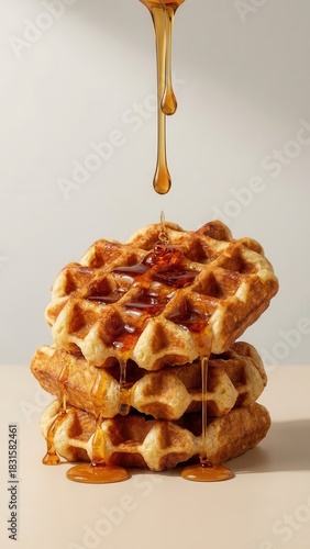 Golden waffles stacked with dripping maple syrup
