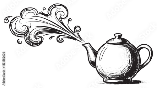 Black and white hand-drawn teapot illustration with ornate, swirling steam flowing from its spout, rendered in a classic, vintage woodcut or ink sketch artistic style