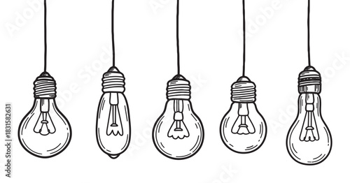 Set of five hand-drawn light bulbs hanging in a row, showcasing different shapes in a minimalist black and white doodle style illustration for creative concepts and ideas