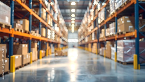 Fototapeta Naklejka Na Ścianę i Meble -  Blurred warehouse interior with shelves and storage boxes, soft focus background for logistics, industry, and supply chain themes.