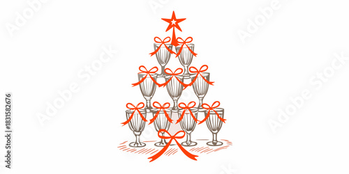 Festive champagne tower christmas tree with red bows and star topper