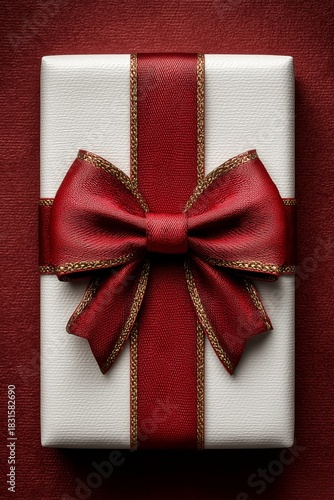 White gift box with red ribbon and bow on red background