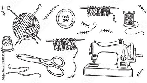 Hand-drawn set of sewing and knitting tools including a vintage sewing machine, yarn, needles, scissors, and a thimble in a black and white doodle style illustration