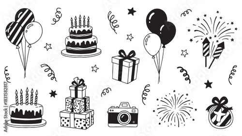 Set of hand-drawn party celebration icons featuring birthday cakes, gift boxes, balloons, fireworks, and a camera in a black and white doodle sketch style for festive occasions
