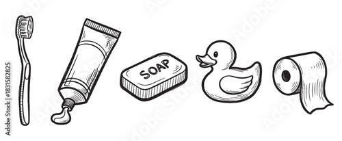 Hand-drawn bathroom hygiene and toiletries icons set with a toothbrush, toothpaste, soap bar, rubber duck, and toilet paper roll in a black and white sketch doodle style