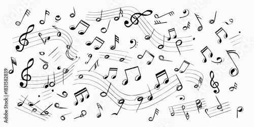 Hand drawn music notes and staff lines on white background
