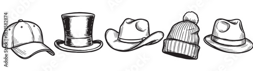 Collection of five hand-drawn hats including a baseball cap, top hat, cowboy hat, beanie, and fedora in a black and white sketch style illustration