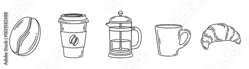 Set of black and white coffee icons including a bean, takeaway cup, french press, mug, and croissant in a simple hand-drawn line art doodle style for a cafe menu