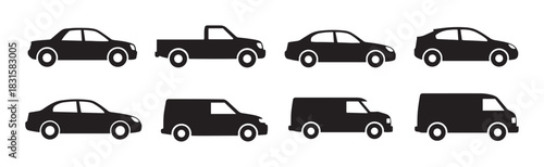 Set of black car silhouettes featuring various vehicle types like sedans, trucks, SUVs, and vans, presented as a collection of simple, flat vector icons in a side view perspective