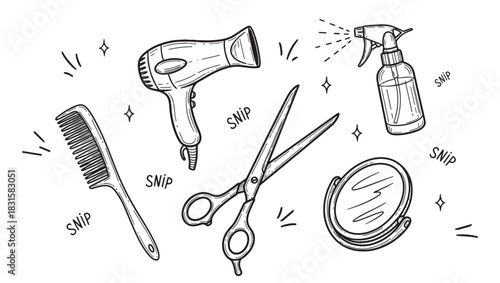 Hand-drawn hairdressing tools set including scissors, a comb, a hairdryer, a spray bottle, and a mirror in a black and white doodle style for a beauty salon or barbershop concept