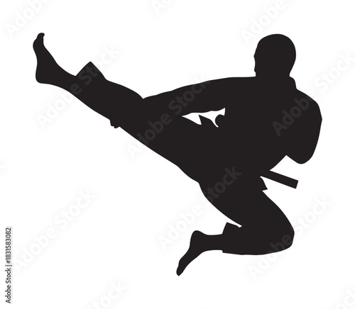 Black silhouette of a male martial artist performing a powerful flying side kick, a dynamic graphic illustration representing combat sports, strength, and discipline
