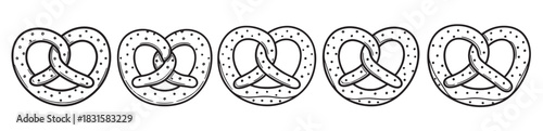 Set of five black pretzel icons arranged in a horizontal row, illustrated in a simple line art style with a classic twisted knot shape and dotted salt texture