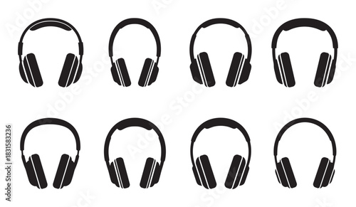 Set of eight black headphone icons in a minimalist vector style, showcasing different over-ear headset designs for music, audio, and sound concepts in a graphic collection