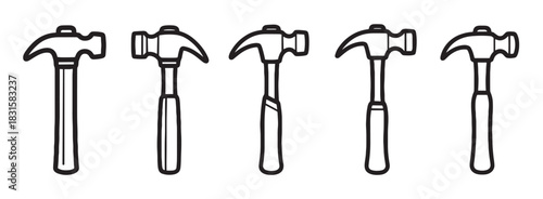 Five black and white claw hammer icons arranged in a horizontal row, showcasing a simple line art style for construction, repair, and do-it-yourself projects